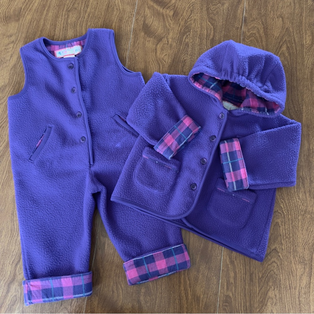 Vintage Tidykins Purple Plaid Trim Fleece Hooded Jacket & Overalls Kids Size 12M